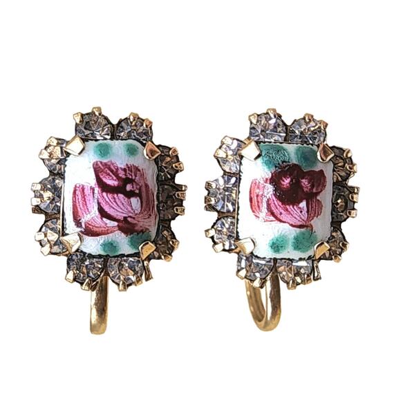 Vintage Vargas Guilloche Rose Enamel Rhinestone Earrings 1940s Screw-back Signed - Picture 1 of 8